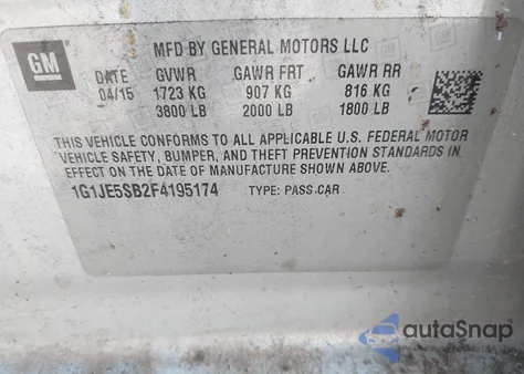 2015 Chevrolet Sonic Ltz Auto from USA, damaged, VIN 1G1JE5SB2F4195174